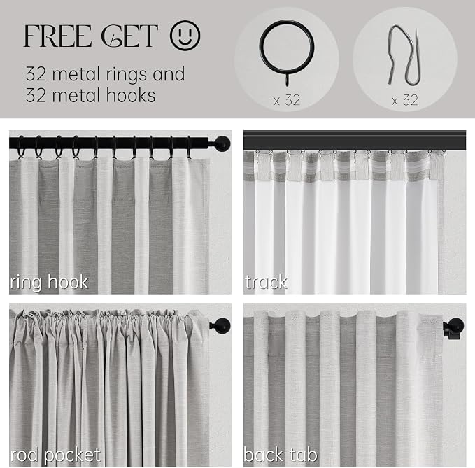 Topfinel 95 Inches Length Custom Blackout Linen Curtains Back Tab Pinch Pleated Noise Cancelling Curtains with Pin Hooks for Traverse Burlap Viral Drapes 2 Panels for Living Room Bedroom Grey
