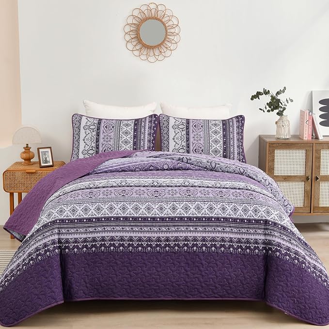 WONGS BEDDING Boho Quilt Queen Size,3 Pcs Purple Bedspread Bedding Set | Colorful Bohemian Striped Printed Bedding for All Season, Lightweight Microfiber Coverlet Set with 2 Pillowcases(96"x90")