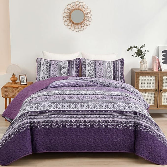 WONGS BEDDING Boho Quilt Queen Size,3 Pcs Purple Bedspread Bedding Set | Colorful Bohemian Striped Printed Bedding for All Season, Lightweight Microfiber Coverlet Set with 2 Pillowcases(96"x90")