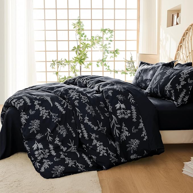 MUXHOMO Duvet Cover Twin/Twin XL Size Set, Reversible Floral Forest Black Duvet Cover with Zipper Closure, 2 Pieces Botanical Patterns Soft Microfiber Bedding Set with 4 Ties (68"x90", 1 Pillow Case)