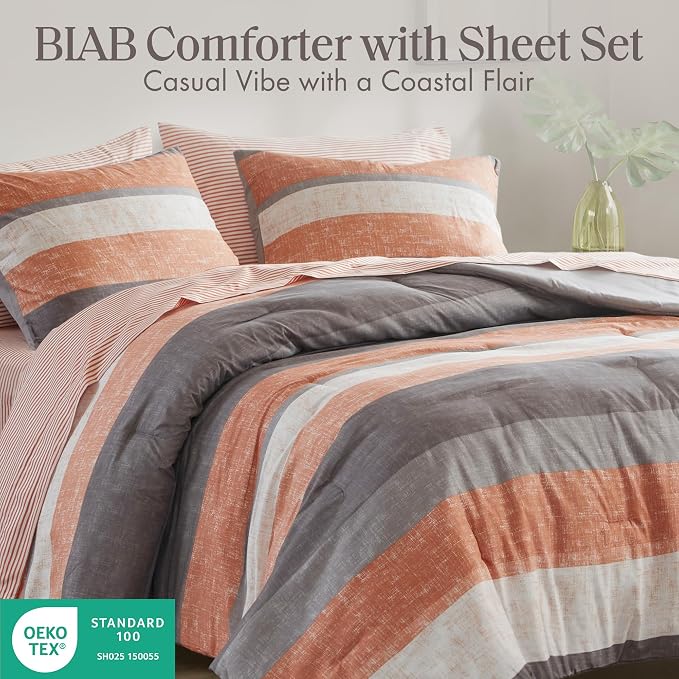 Madison Park Essentials Jaxon Queen Comforter Set, Bed in A Bag Comforter & Sheet Set, Modern Casual Stripes Print, All Seasons, Soft Bedding Makeover, Matching Sham, Queen Coral/Grey 7 Piece