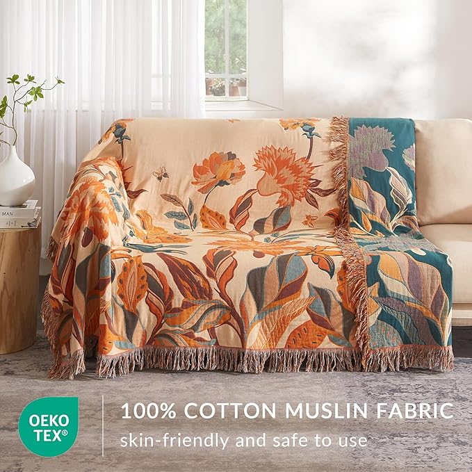 Boho Throw Blanket for Couch Sofa Bed, 100% Cotton Woven Quilt with Tassel 90”x98”, Super Soft Muslin Blanket with Floral Printed, Decorative Reversible Bed Blanket/Cover for All Seasons