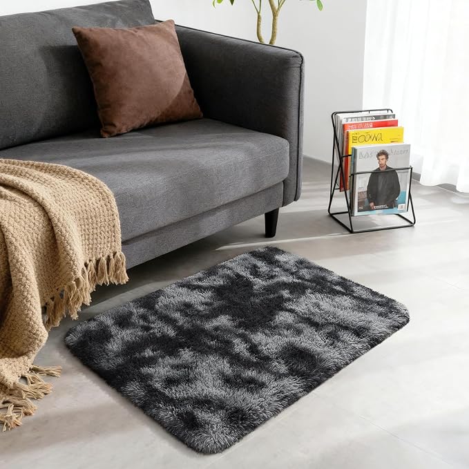 2x3 Small Rug for Bedroom Livingroom Mini Space Home Decor, Modern Indoor Shaggy Plush Fluffy Furry Fur Rugs Comfy Nursery Kids Room Floor Carpet, Tie-Dyed Black & Grey