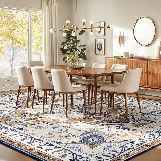Rugflix 9x12 Area Rugs for Living Room, Washable Light Brown Large Rug | Machine Washable; Stain-Resistant; Low Pile; Non-Slip; Boho Vintage Printed; Carpet for Bedroom Dining Office Nursery Home