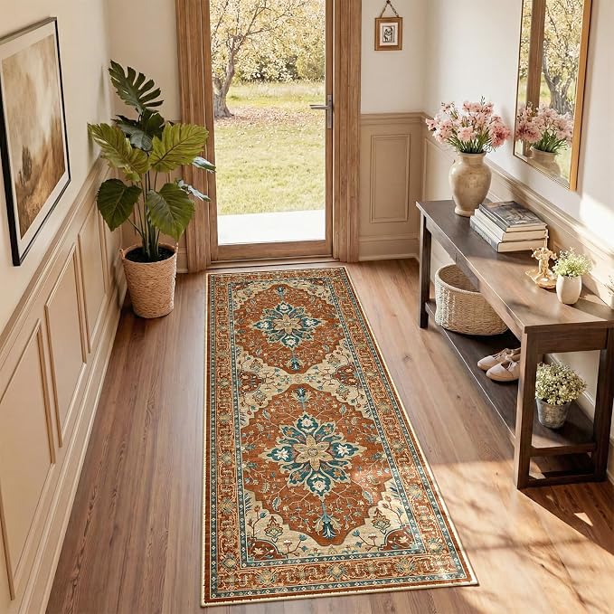 RELEANY Washable Area Rug, Runner 2'x5', Red/Orange/Blue/Brown | Non-Slip, Water Repellent, Pet Friendly, Easy to Clean, Vintage Floral Boho Decor for Kitchen Entry Bedroom Bedside Laundry