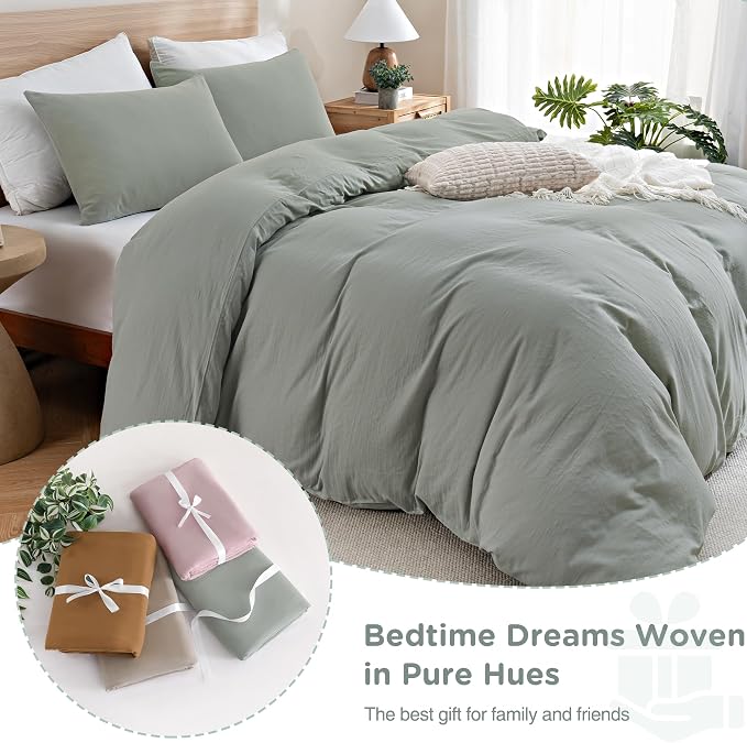 TOCOMOA 100% Muslin Cotton Duvet Cover Set, Sage Green, Queen | Linen-Like Texture. Ultra Soft, Breathable, Comfy & Lightweight Bedding Set with Zipper & 8 Ties. 3 Pcs, No Insert