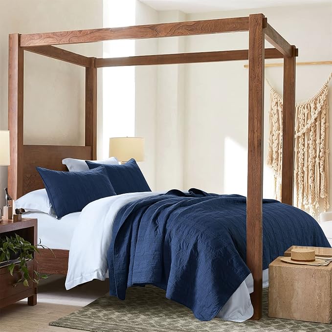 HORIMOTE HOME 100% Cotton Quilt Set King Size, Navy Blue Pre-Washed 3-Piece Bedspread Coverlet Set, Cozy Lightweight Stitching Bedding Cover with 2 Shams in Geometric Pattern for All Season