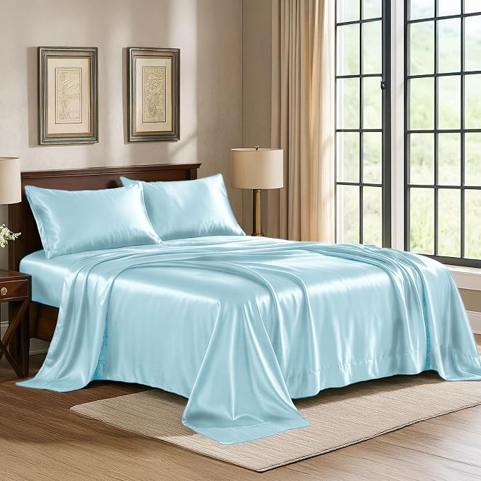 Satin Sheets King [4-Piece, Skyblue] Hotel Luxury Silky Bed Sheets - Extra Soft 1800 Microfiber Sheet Set, Wrinkle, Fade, Stain Resistant - Deep Pocket Fitted Sheet, Flat Sheet, Pillow Cases