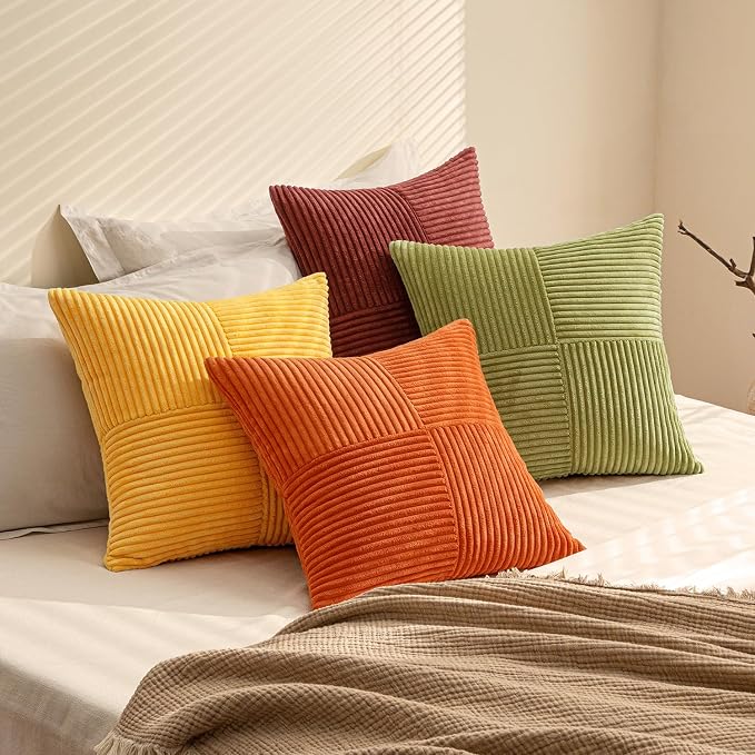 MIULEE Fall Yellow Orange Rust Throw Pillow Covers 18x18 Inch 4 Packs Boho Farmhouse Decorative Color-Clash Pillow Cases Soft Cushion Cases for Couch Sofa Bed Corduroy Striped Home Decor