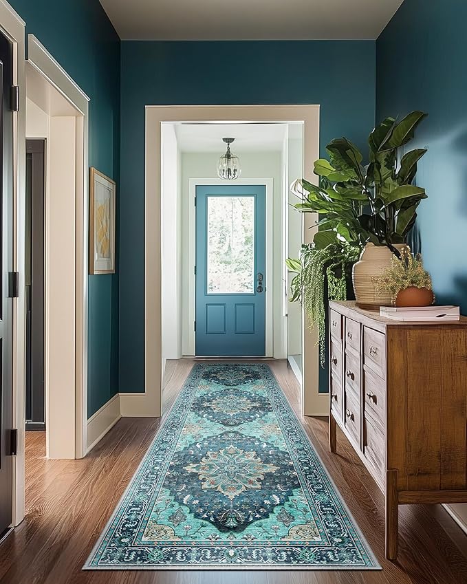 RELEANY Washable Area Rug, Runner 2'x8', Teal | Non-Slip, Water Repellent, Pet Friendly, Easy to Clean, Vintage Floral Boho Decor for Kitchen Hallway Bedroom Laundry