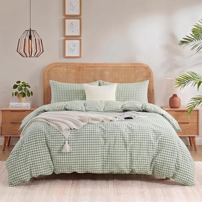 NEXHOME PRO Green Gingham Duvet Cover King, 100% Washed Cotton Like Linen Feel Organic Natural Bedding Set 3 Piece Sage Vintage Plaid Checkered Comforter Cover Set (No Comforter) 10490