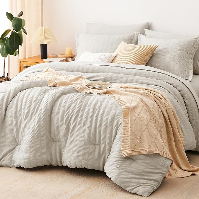 Oversized King Comforter Set, 7-Piece Beige Seersucker, 120 x 98 in | OEKO-TEX Certified All Season Bed in a Bag with 240 GSM Down Alternative Comforter, Flat & Fitted Sheets, Pillowcases & Shams