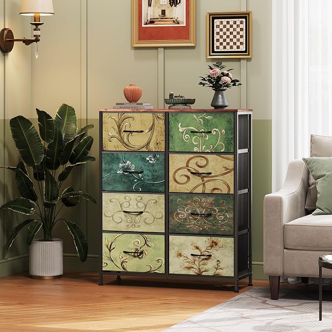 WLIVE 8 Drawer Fabric Dresser for Bedroom, Tall Storage Tower, Floral | 8-drawer tall storage tower with fabric bins and wood tabletop, breathable non-woven, perfect for bedroom closet dorm