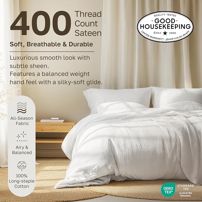 California Design Den 100% Cotton Sateen Twin Bedding Sheets Set, 3 Pcs | 400 Thread Count Backed by Good Housekeeping Seal, All-Around Elastic, Durable, Easy Care, OEKO-TEX certified - Striped White