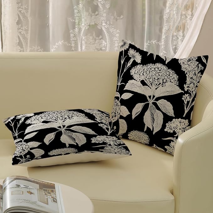 Vintage Floral Pillow Covers 18x18 Inch 2 Pcs Boho Black Hydrangea Flower Decor Throw Pillows Spring Summer Seasonal Outdoor Farmhouse Decoration Pillowcase Linen Cushion Cover for Couch