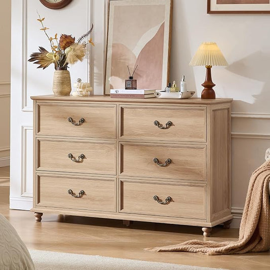 Joaxswe Farmhouse 6 Drawers Dresser for Bedroom, Vintage 54" Wide Chest of Drawers w/ 4 Wooden Legs, Rustic Large Closet Storage Dressers Organizer for Hallway, Wood TV Stand for Living Room, Natural