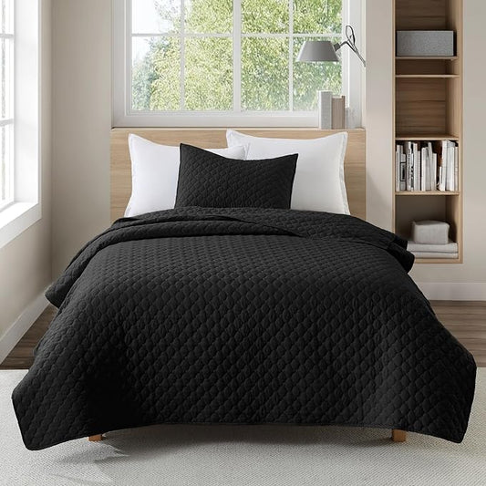 HORIMOTE HOME Quilt Set Twin Size, Black Bedspread with Clouds Pattern, Soft Coverlet Set Lightweight Microfiber Quilted Bedspread for All Season, Includes 1 Quilt and 1 Pillow Sham