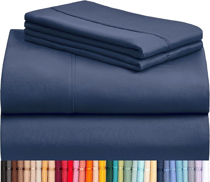 LuxClub 4 PC King Sheet Set, Deep Pockets Wrinkle Free Cooling Bed Sheets Hotel Bedding for Women, Men, Includes 1 Fitted Sheet, 1 Flat Sheet and 2 Pillowcases-Soft Navy | LuxClub Silky Fitted Sheet & Pillowcase Sets, Breathable Hotel Luxury Bedding fo...