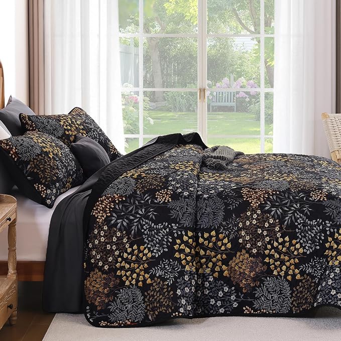 WONGS BEDDINGKing Quilt Set, 3 Pcs Black Brown Floral Bedspread Coverlet | Botanical Print Quilt Set for Spring Summer, Lightweight Microfiber Farmhouse Quilted Bed Cover for Guest Room 110"×90"