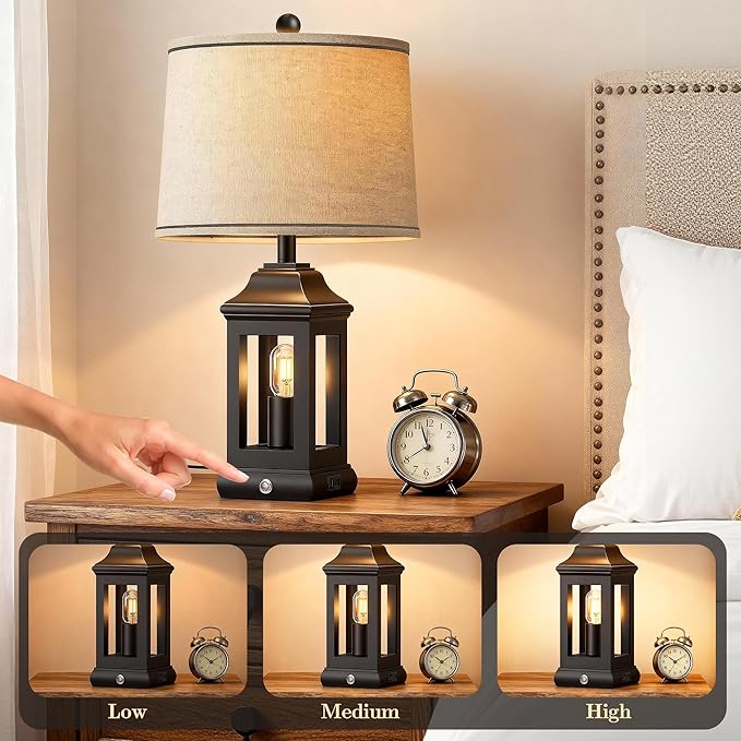 24" Rustic Farmhouse Table Lamps for Living Room Set of 2, Touch Dimmable Nightlight Vintage Bedside Lamps with USB A+C Ports & Dual Light Sources for Bedroom Nightstand End Table, Matte Black