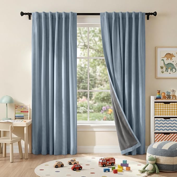RYB HOME Smoky Blue 100% Blackout Curtains for Bedroom Office 84 Inch Long | Linen Texture, Thermal Insulated Rod Pocket Back Tab Room Darkening, for Living Dining Room Nursery, W52 x L84, 2 Panels