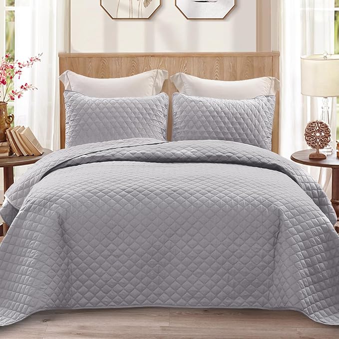 Exclusivo Mezcla Reversible Full Queen Quilt Bedding Set, Light Grey | Lightweight Bedspreads with 2 Pillow Shams, Soft Microfiber, All Season Bed Coverlets for Bedroom Guest Room, 90x96 Inch