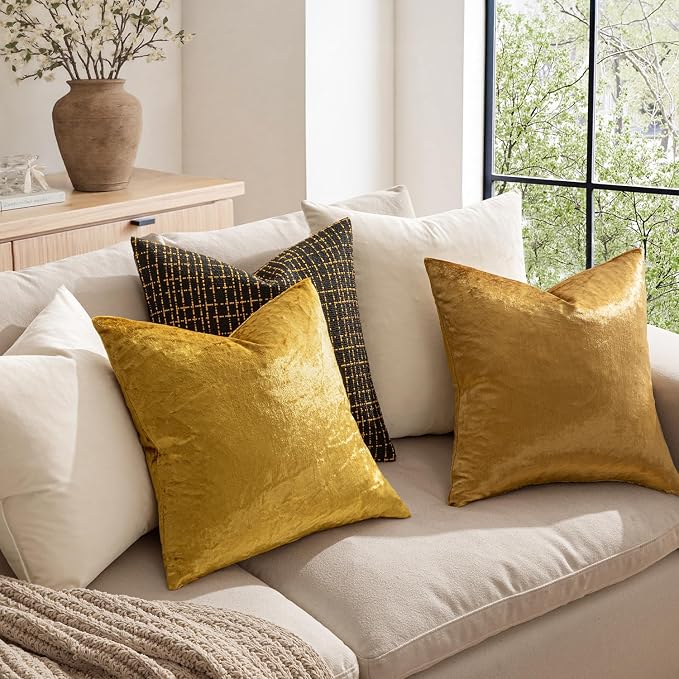 MIULEE Velvet Throw Pillow Covers 14x14 Inch Pack of 2 Dark Gold | Soft Solid Small Decorative Pillow Covers, Modern Luxury Home Decor, for Couch Chair Sofa Bedroom Livingroom Car