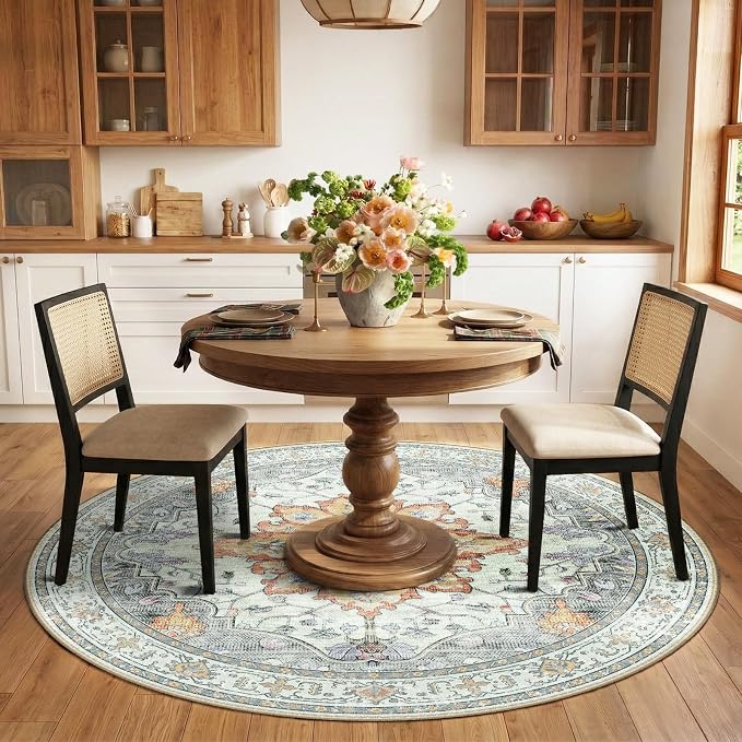 RELEANY Washable Area Rug, Round 6ft, Beige/Carbon Grey/Orange | Non-Slip, Water Repellent, Pet Friendly, Easy to Clean, Vintage Floral Boho Decor for Living Room Bedroom Dining Room