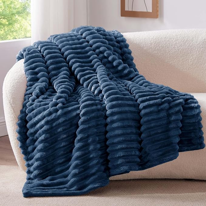 BEDELITE Ribbed Fleece Throw Blanket for Couch, Navy, 50"x70" | Ultra-Soft Plush Fleece, Warm Yet Lightweight, Ribbed Texture, Home Decor, Machine Washable, Giftable, All-Season Use