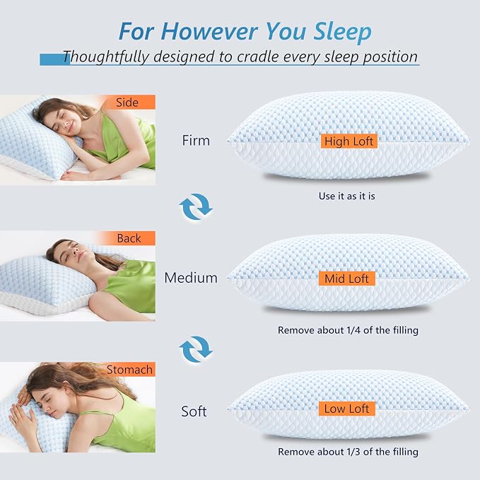 UYWO Cooling Memory Foam Pillows Standard Size Set of 2, Blue | Firm/Soft Cooling Bed Pillows for Side/Back/Stomach Sleepers, Ergonomic Neck Support Pillow