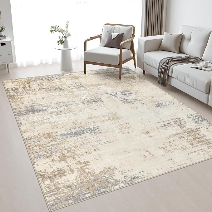 Area Rug Living Room: 4x6 Modern Washable Soft Carpet Beige Brown | For Bedroom Dining Room Farmhouse Nursery Hallway Office,Modern Abstract,Machine washable,Non-Slip,Stain Resistant,Indoor