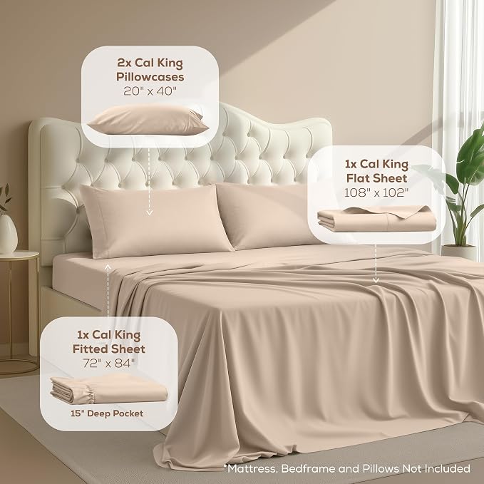 California King Sheets Set, 4 Pieces 16" Deep Pocket Bed Sheets, Beige | Extra Soft Bedsheet Set, Comfy & Breathable Cooling Sheets, Wrinkle & Fade Resistant, Fitted Sheet, Flat Sheet, 2 Pillowcases