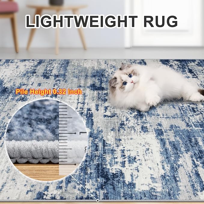 PLHXFR 8x10 Area Rug Living Room: Abstract Washable Carpet Blue Gray | For Bedroom Dining Room Farmhouse Nursery Home,Machine washable,Non Slip,Large Soft Neutral,Stain Resistant, Indoor Floor