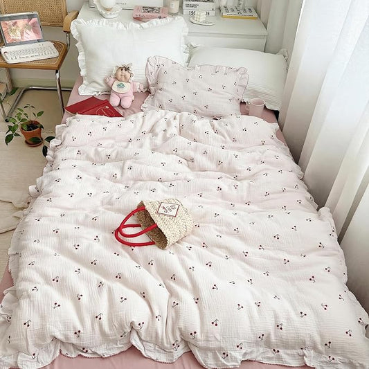 Crib Bedding Duvet Cover for Boys Girls Cotton Muslin Baby Crib Duvet Cover Nursery Bed Decoration Gift, 47"x59", Cherry Print (No Pillowcases)