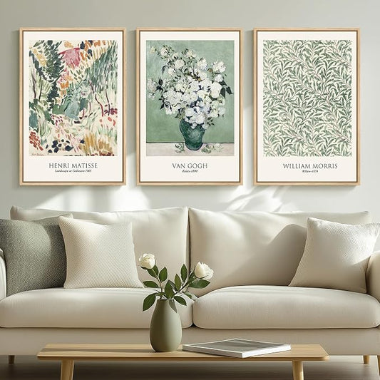 Framed Large Van Gogh Wall Art for Living Room, 3 Pieces Vintage Sage Green Canvas Painting Artwork for Walls, Botanical Wall Art Prints for Bedroom, Guest Room, Hallway, Home Office Wall Decor, 16x24 Inch | Fine art, Matisse, William morris, Floral, N...