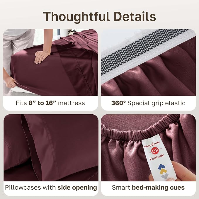California Design Den 800 Thread Count Cotton Queen Sheet Set, Red Wine | 100% Cotton Sateen Backed by Good Housekeeping Seal - Soft & Thick, 16" Deep Pocket, All-Around Elastic, Durable, Easy Care