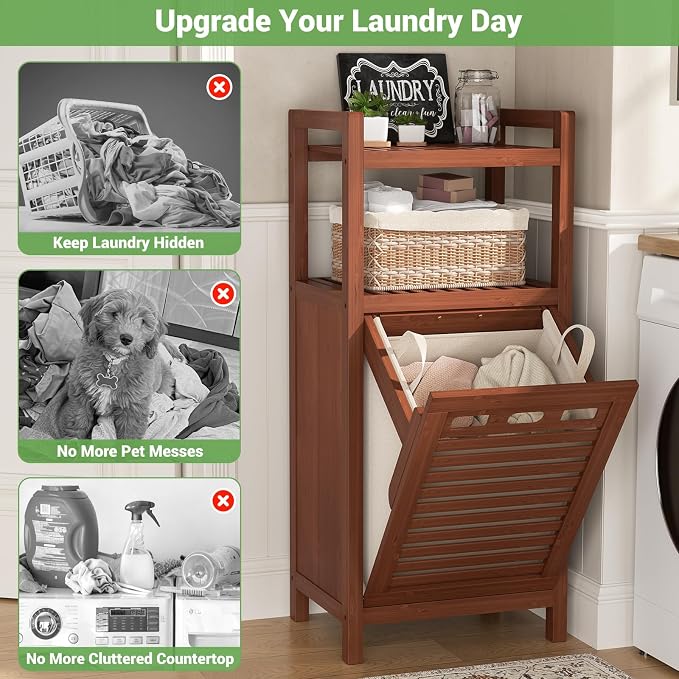 Homykic Tilt Out Laundry Hamper Cabinet, 10 Gal Bamboo Laundry Organizer | Wooden Laundry Basket with Removable Bag, Hidden Hamper with Shelf for Clothes, Bathroom, Laundry Room, Space Saving, Walnut