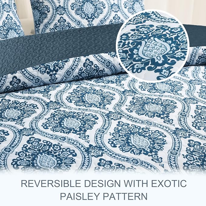 Exclusivo Mezcla Reversible Boho Quilts Queen Size Blue | Lightweight Soft Bedspreads, All Season Damask Coverlet Bedding Set, Printed Floral Pattern, 1 Quilt and 2 Pillow Shams