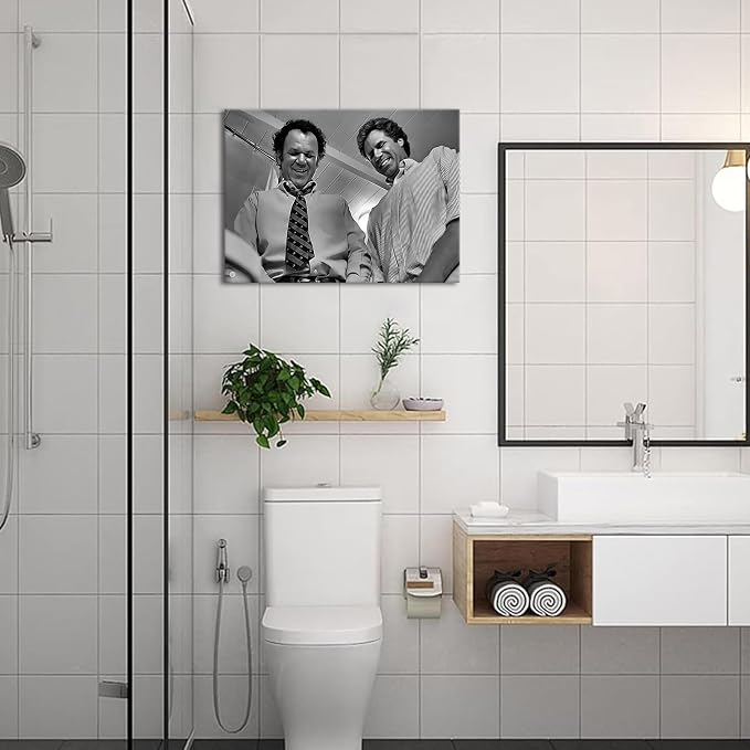 Framed Funny Movie Bathroom Canvas Wall Art Set of 2 – Black and White Vintage Comedy Movies Wall Decor, Humor White Chicks Posters Prints for Bathroom Toilet Humour Signs – 16x24in