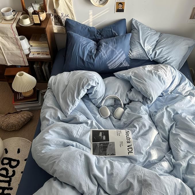 mixinni 100% Washed Cotton Duvet Cover Set Twin XL Size, Solid Light Blue Ocean Themed Chic Bedding, Soft Breathable Minimalist Comforter Cover with Zipper Closure & Corner Ties-Twin XL Size
