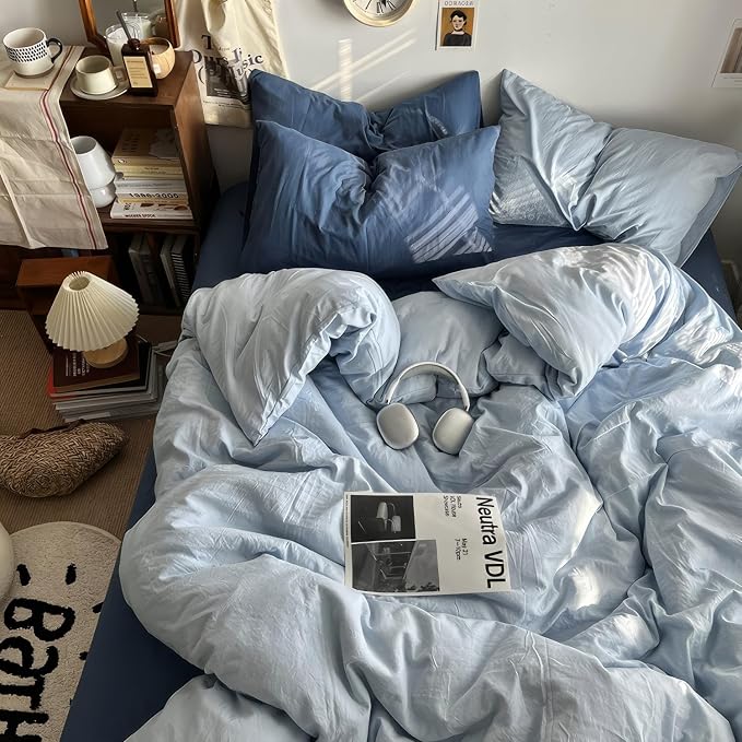 mixinni 100% Washed Cotton Duvet Cover Set Twin Size, Solid Light Blue Ocean Themed Chic Bedding, Soft Breathable Minimalist Comforter Cover with Zipper Closure & Corner Ties-Twin Size
