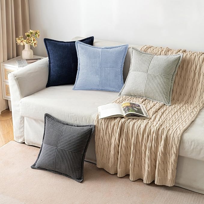 MIULEE Decorative Throw Pillow Covers for Couch 18x18 Inch Light Blue | 2 Pack, Boho Broadside Striped Patchwork Pillow Covers, Soft Corduroy Cushion Cases, For Sofa Bed Livingroom Home Decor