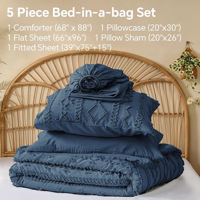 BEDELITE Twin Comforter Set 5 Pieces,Boho Bed in a Bag,Navy Blue | Tufted Bed Set for All Seasons,Soft Farmhouse-Style Embroidery Bedding,Includes Flat & Fitted Sheets,1 Pillowcase & 1 Sham
