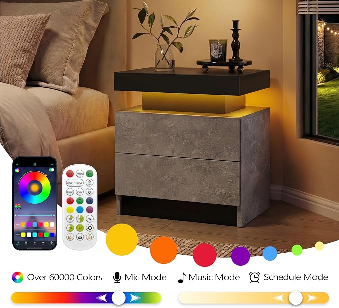 i-aplus Gray Modern LED Nightstand Set of 2 with 2 Wood Drawer for Bedroom | Nightstands with App-Controlled RGB LED Lights, Night Stand with Storgae Drawer, Modern Bedside Table for Bedroom