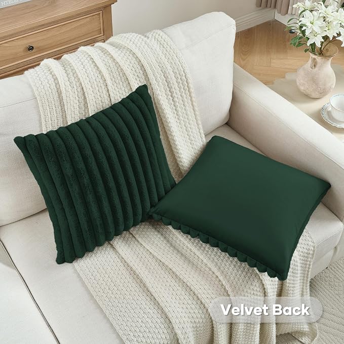 FUTEI Pack of 2 Faux Fur Throw Pillow Covers 24x24 Inch, Dark Green | Fluffy Faux Rabbit Fur Front/Premium Velvet Back,Hidden Zipper,Machine Washable,Non-Shedding,Colorfast,Insert Not Included.