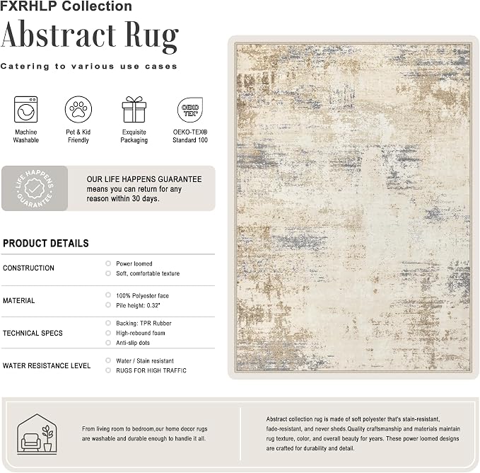 9x12 Area Rug Living Room: Modern Washable Soft Carpet Beige Brown | For Bedroom Dining Room Farmhouse Nursery Hallway Office,Modern Abstract,Machine washable,Non-Slip,Stain Resistant,Indoor