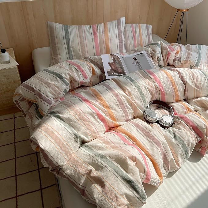 LifeTB Retro Striped Comforter Set Twin XL, Fluffy Soft Multicolor Stripes Pattern Printed Bedding Set, 3 Piece Striped Bed Comforter with 2 Pillowcases, Lightweight Farmhouse Bedding Comforter Set