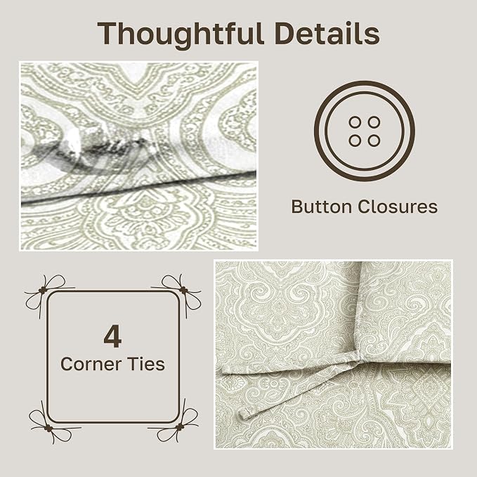 California Design Den Luxury King Size Duvet Cover Set, Paisley Beige Print | Soft 400 Thread Count 100% Cotton Sateen Backed by GH Seal, Duvet Cover & Pillow Sham 3 Pc Set, Button Closure & Corner Ties