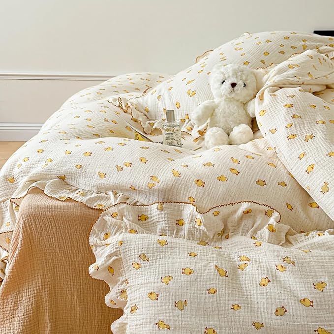 Cute Yellow Duck Print Duvet Cover Twin for Kids Toddler Girls Boys 100% Cotton Muslin Quilt Cover Twin, 68"x86", Ruffled Bedding Soft Breathable, Zipper Closure, No Pillowcase