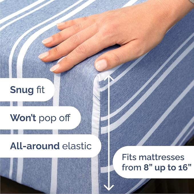 Queen Size 4 Piece Sheet Set - Breathable & Cooling Sheets - Blue Stripes | Hotel Luxury Bed Sheets for Women & Men, Deep Pockets, Easy-Fit, Extra Soft and Wrinkle Free Sheets, Oeko-Tex Bed Sheet Set